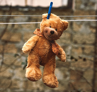 棕褐色湿泰迪熊挂在衣绳上新鲜空气中烘干古老的孤独概念图片