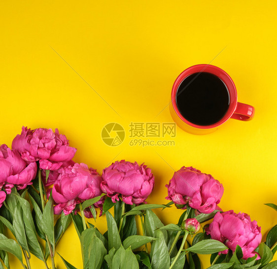 红色奶油杯黑咖啡和一束红面条黄色背景的绿叶子顶层风景图片