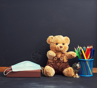 黑脸熊和一次医疗面罩的棕褐色泰迪熊和一次医疗面罩在大流行病期间学校用面具上课的概念图片
