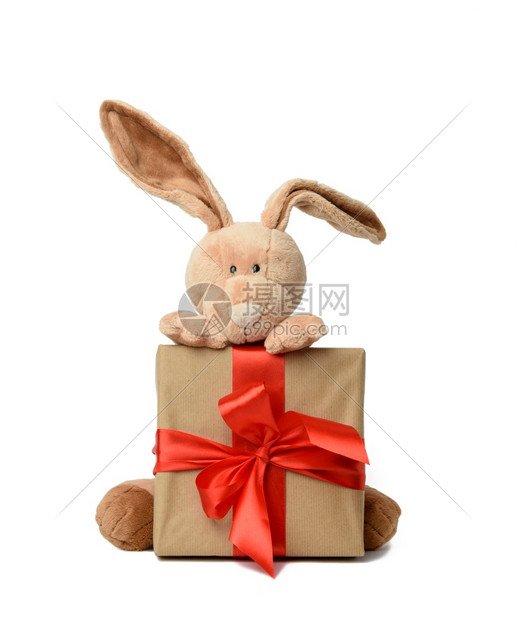 长着白底红丝带的礼物盒可爱小白兔图片