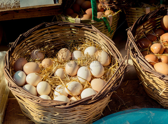 近视图地上草篮中的有机新鲜鸡蛋图片