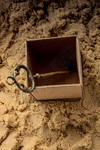 放在沙子上棕色盒中的Retro风格键图片