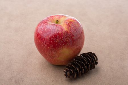新鲜红苹果和松放在木头上图片
