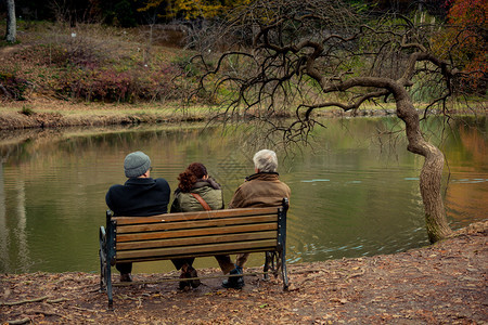 人们坐在木椅上看着湖的自然质图片