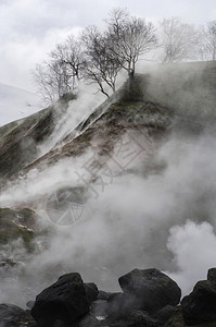 水煮牛蛙堪察卡的泥火山和蒸汽喷泉背景