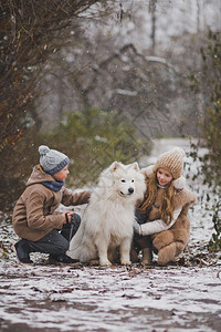 男孩和女轻地抚摸你心爱的Samoyed图片