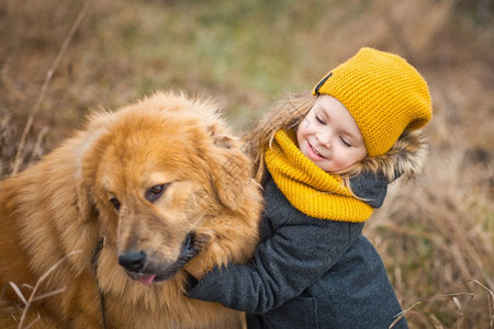 穿着黄帽子和围巾的小女孩摸着一只大红狗的脸背景图片