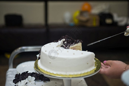 新娘为客人切蛋糕将分成162块的过程图片