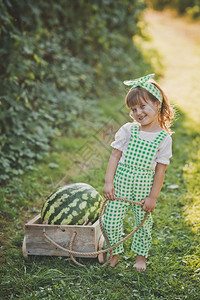 一个小女孩在185年的马车上带着一个巨大的西瓜图片