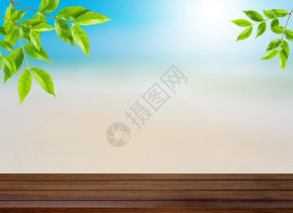 在模糊的海滩和叶背景夏季概念模糊的海滩和叶背景上顶的木板可用于展示或调配产品图片