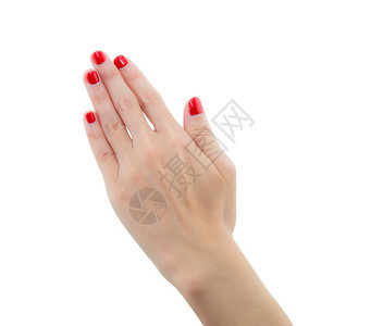 一位年轻女手有红色修甲势女五指在白色背景上被割断剪切部分图片
