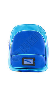 蓝色背包与学校用品隔绝白色背景文具概念图片