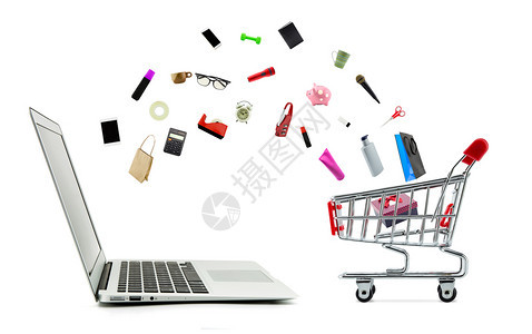 购物车和膝上型计算机其产品在白色背景商店在线概念上被孤立图片