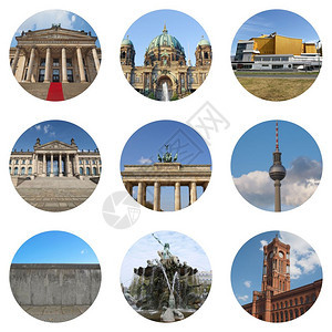 柏林地标拼贴画有康泽特豪斯KonzertHaus大教堂Dom爱乐乐团国会大厦Reichstag勃兰登堡托尔Brandenburg图片