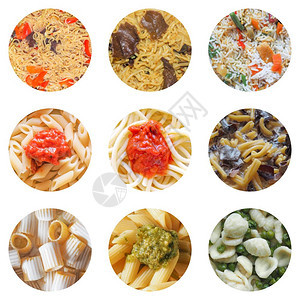 多种不同类的意大利面粉包括亚洲咖喱甜点大米沙拉意利薄荷和面粉奶油加的玉米粉白和豆加矿石图片