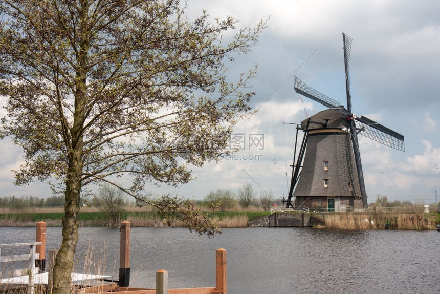 荷兰历史悠久的旧木制风车图片