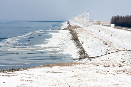 荷兰海岸冬季风力涡轮机冷冻海水图片