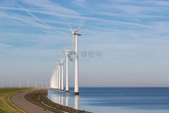 沿海岸边有长排风力涡轮机图片