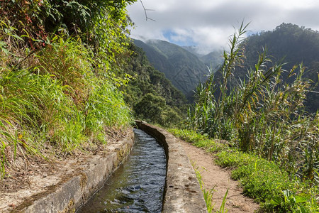 Levada灌溉运河与徒步路线穿过葡萄牙马德拉岛山丘图片