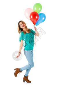 美丽的女人拿着白色背景的彩气球与白背景隔绝的美丽女人图片