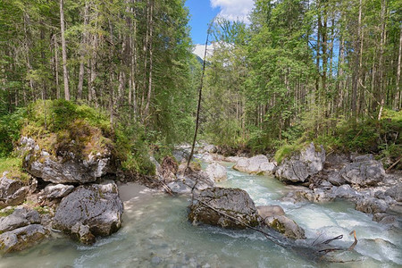 巴伐利亚阿尔卑斯山脉周围有树木环绕的巴伐利亚阿尔卑斯山脉有岩石和快速流水的河巴伐利亚阿尔卑斯山脉有岩石和快速流水的河图片