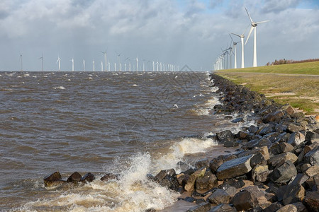 荷兰海有岸外风力涡轮机和海岸断浪图片