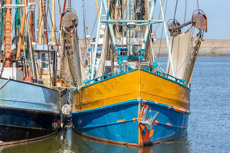 在荷兰港Lauwersoog拖网和干的虾渔船在荷兰港Lauwersoog的Prawun渔船图片
