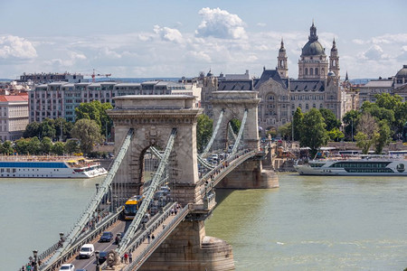 在布达佩斯的天线与圣蒂芬巴西尔尼卡建筑和多瑙河的连环桥相望图片