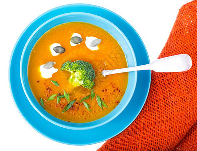 正确和健康的饮食配西兰花的南瓜汤制片人照背景图片