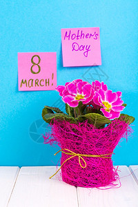 3月8日国际妇女节提醒以明亮背景为表单木制桌上的花束工作室照片以亮背景为表单图片
