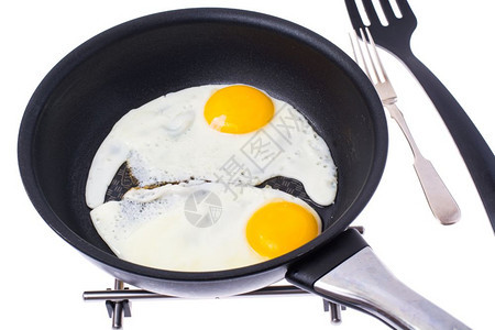 平底锅里的两个煎鸡蛋图片