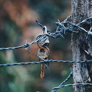 在街上铁丝栅栏的旧钥匙被遗弃者图片
