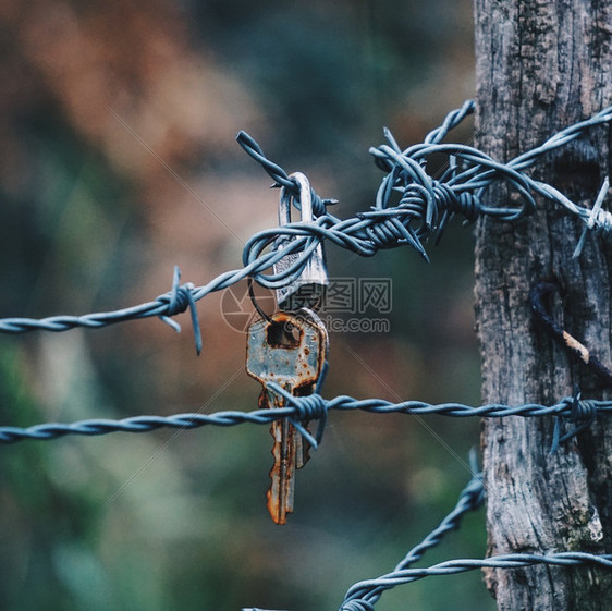 在街上铁丝栅栏的旧钥匙被遗弃者图片