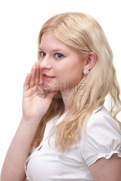 女商人用手在耳朵后面偷听图片