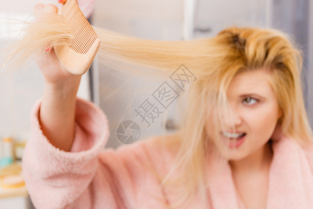 穿着睡衣的妇女试图为她洗刷长的金发非常缠绕的头发早美常规头发问题和型概念图片