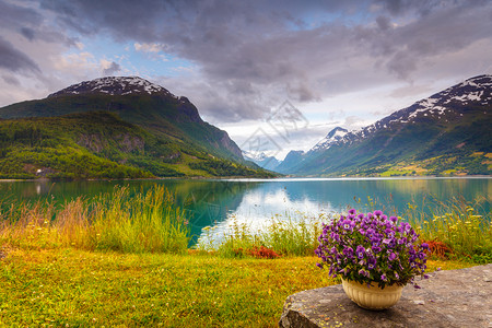 旅游度假和旅游宁静的山景峡湾岸边摆放着鲜花的休息桌挪威欧洲索恩奥格峡湾县的老村庄山地景观峡湾和休息地挪威图片