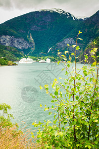 旅游度假和行在挪威斯堪的纳维亚弗拉姆挪威的FjordSognefjord的山地景观和大型游轮图片