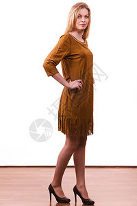 时装的漂亮美女穿着优雅的棕褐色短裙穿着时髦的服装图片
