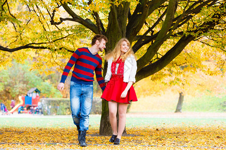 情趣和感表达积极的感友谊和爱年轻夫妇在公园聚会浪漫的约中玩乐手牵走路约会时牵图片