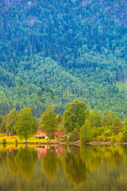挪威山丘的住房美丽的海岸线峡湾景观斯堪的纳维亚欧洲挪威湖岸山区的住房图片