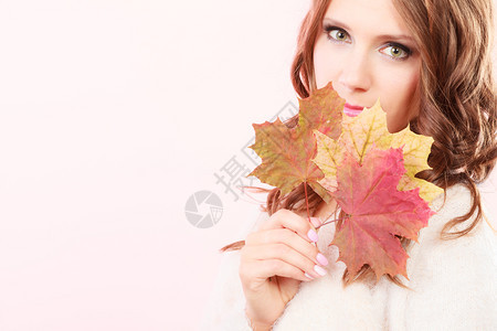 可爱的长头发女孩手制工作室有干枯的落红树叶闪亮的粉红背景图片