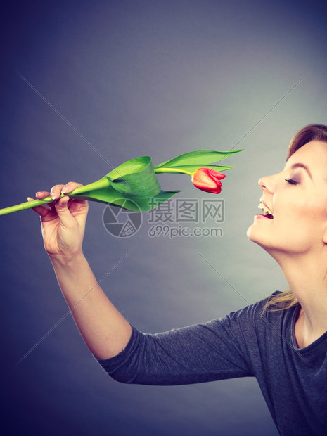 美人闻到自然植物的味道欢乐女士拿着鲜花年轻的女挥舞着将红色郁金香握在手中的年轻女欢乐的士拿着花图片