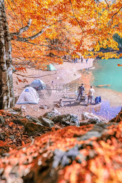 在位于土耳其博卢的Yedigoller自然公园露营帐篷有一群模糊的背包者图像图片