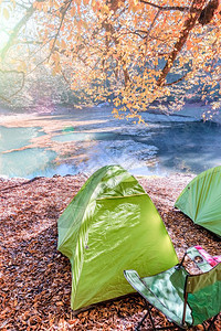 在土耳其博卢Yedigoller自然公园的湖和森林松树上以清晨的风景在自然背中露营帐篷图片