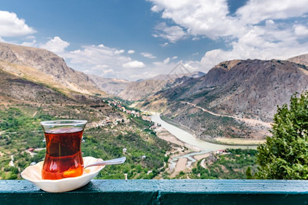 Kemaliye镇在山谷之间的景观前景是土耳其茶位于土耳其Erzincan的Kemaliye或Egin凯马利耶镇凯马利耶景观图片