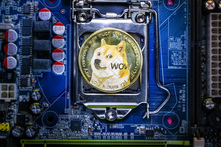 Dogecoin加密硬币的顶端视图计算机母板处理器上的硬币Bitcoin采矿场计算机设备概念图片