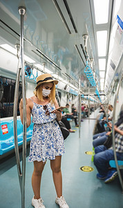 年轻美丽的女戴面罩用智能电话站立并保持社会距离同时在Covid19或新冠爆发期间在火车上运输图片