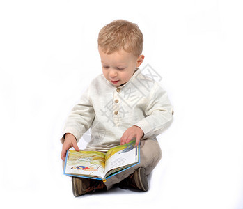 身着白衬衫的婴儿坐在交叉腿上阅读一本书图片