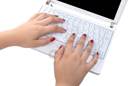 将妇女双手紧贴在白色电脑上图片