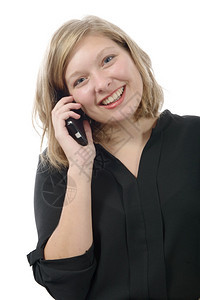 年轻女子在电话上跟某人聊天孤立在白人背景图片